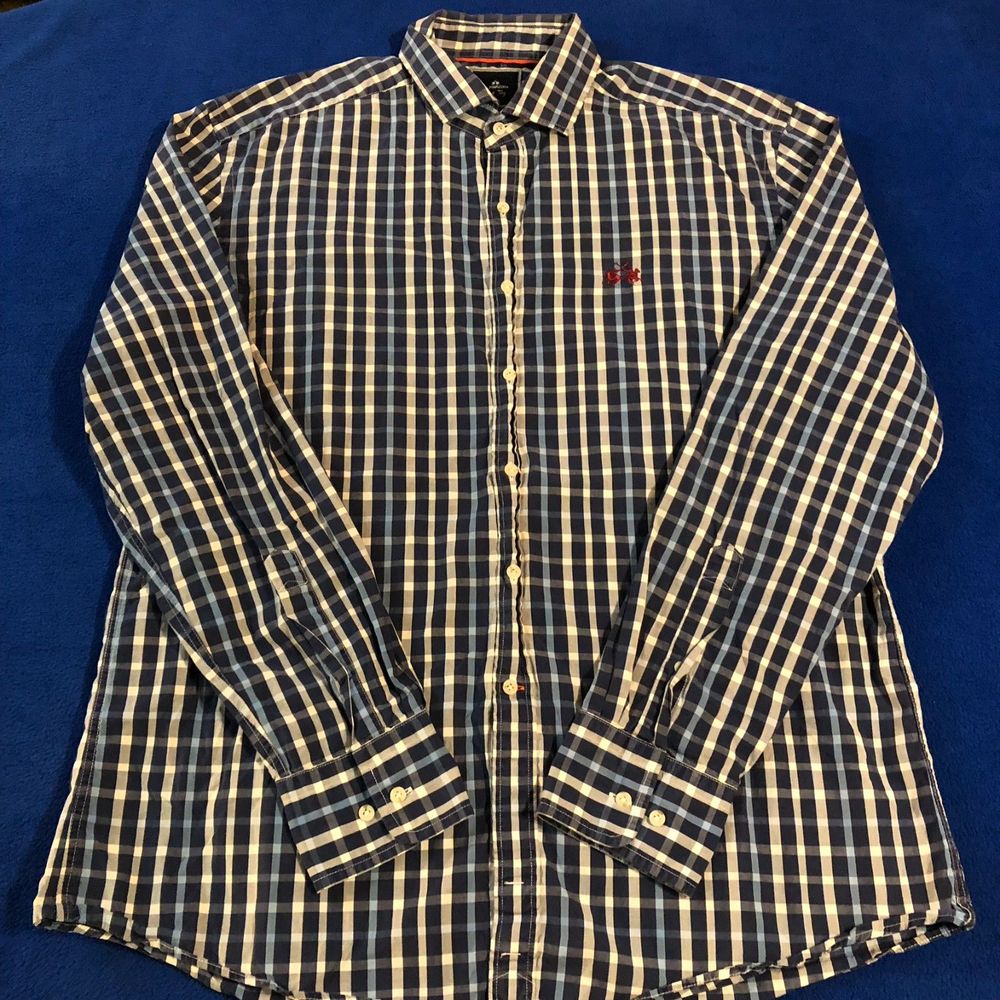 Men's La Martina Blue Tag Plaid Button Down Red Polo Logo Long Sleeve Size XL